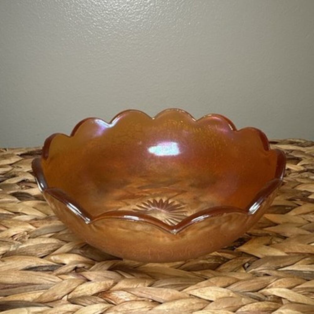 Vtg Jeannette Marigold Carnival Glass Crackle Bowl 7” Scalloped Rim Iridescent